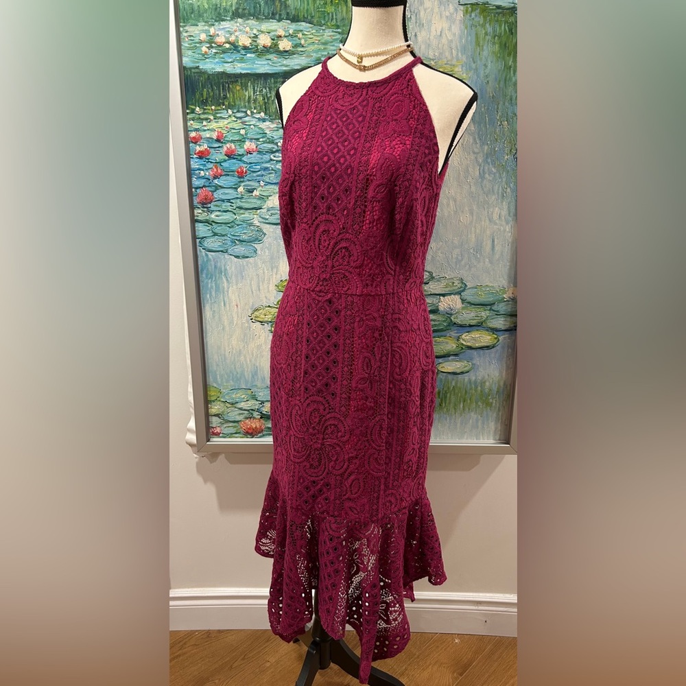 BNWT Forest Lily Burgundy Lace Halter Dress Size 6 Elegant Fishtail Hem ✨